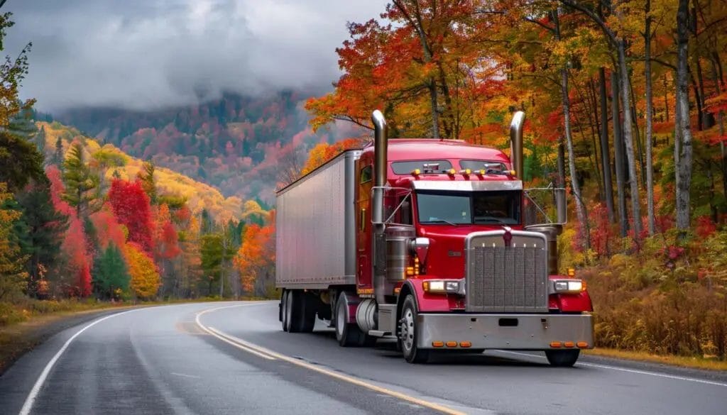 A red semi-truck hauling a trailer drives along a winding mountain road surrounded by vibrant autumn foliage