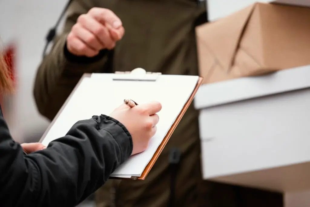 A delivery worker signs a clipboard while receiving a package from a courier holding stacked boxes