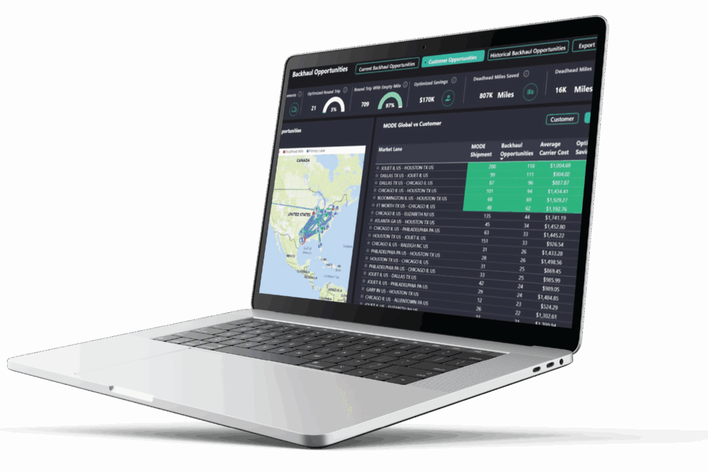 Laptop displaying a logistics analytics dashboard with a map and table