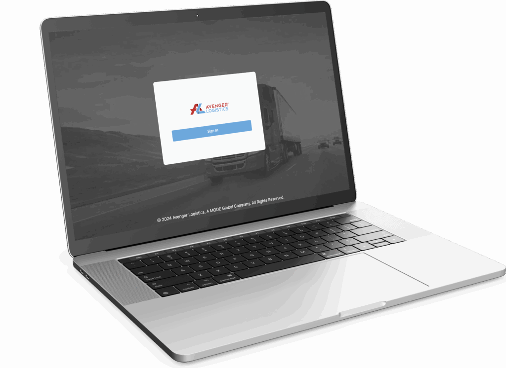 Laptop displaying the Avenger Logistics platform login screen