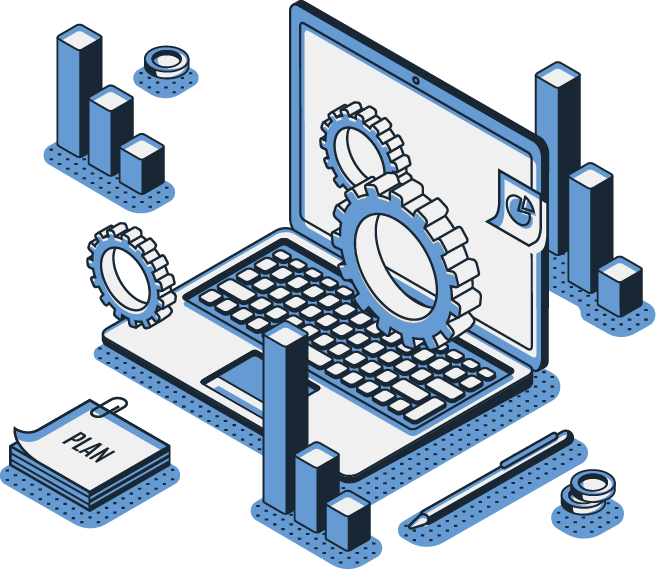 illustration of laptop gards charts and calendar