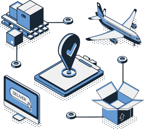 “Isometric vector illustration of a logistics and delivery network, featuring warehouse storage, air freight, package shipping, order confirmation, and location tracking icons, connected by nodes in a cohesive supply chain system, rendered in a blue and white color palette